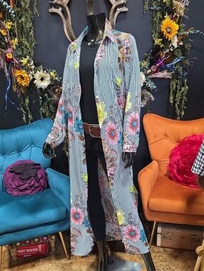 Floral Stripe Long Duster Jacket !